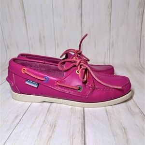 Authentic Sebago Docksides dark pink 7.5 leather some wear used condition